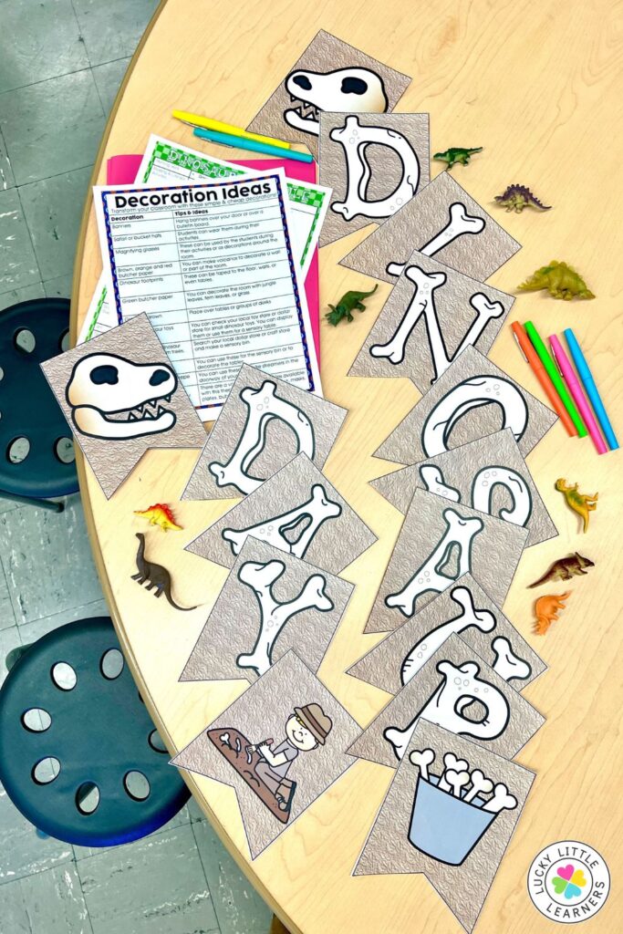DIY dinosaur banner and classroom decorations for dinosaur day for first and second grade