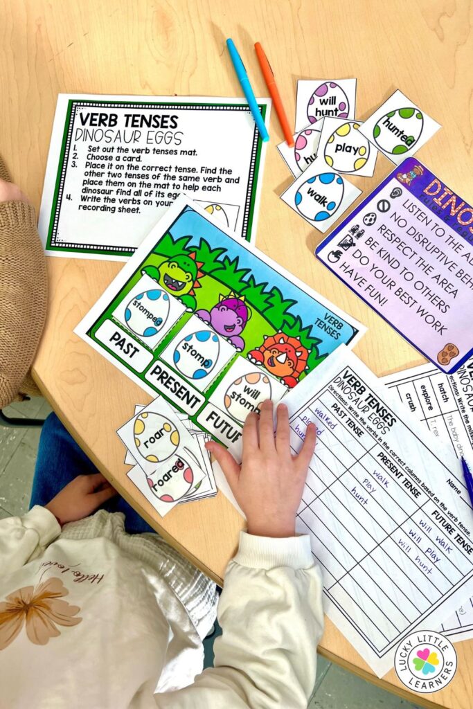 Verb tenses dinosaur eggs grammar activity for dinosaur day for first and second grade
