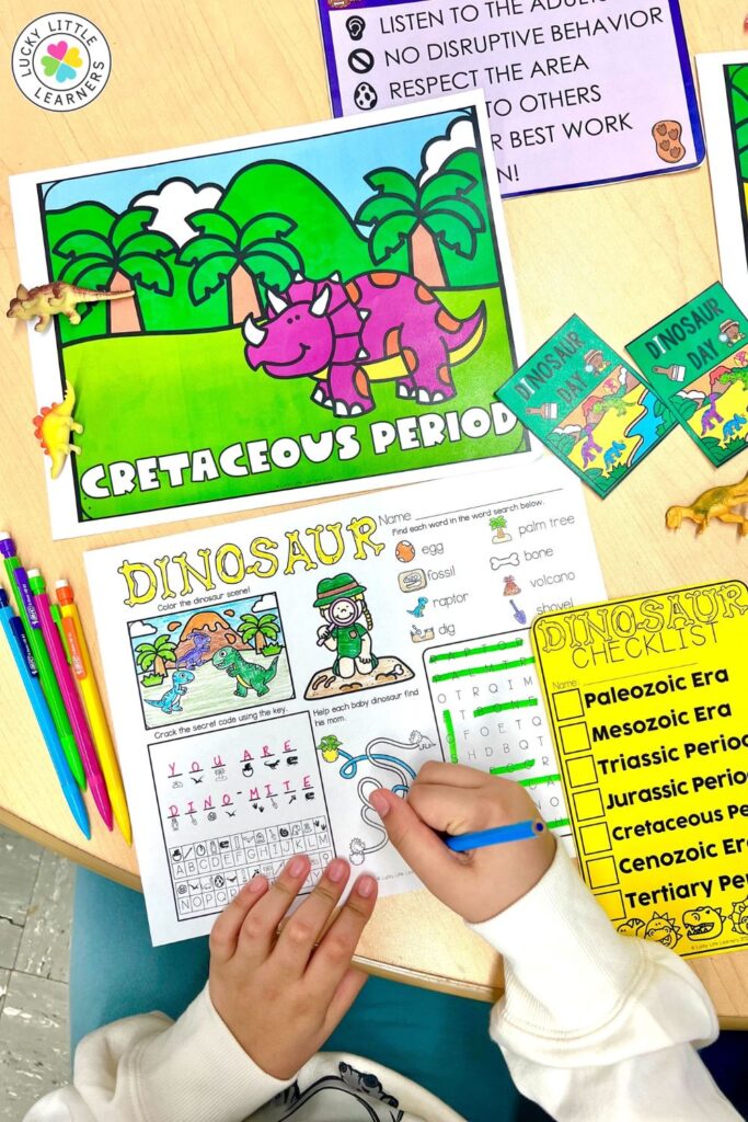 Cretaceous period coloring and literacy activities for dinosaur day for first and second grade