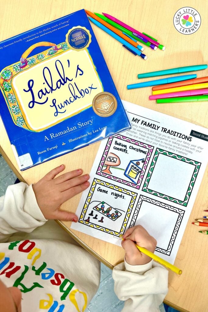 Holiday read alouds Ramadan activity with Lailah’s Lunchbox and student family traditions worksheet