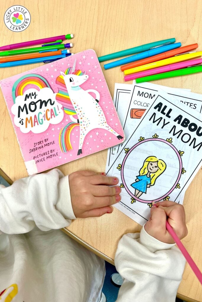 Holiday read alouds Mother’s Day activity with picture book and student “All About My Mom” worksheet