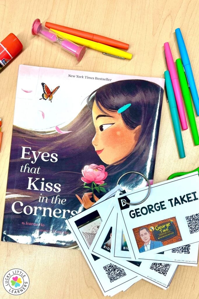 Holiday read alouds Asian American and Pacific Islander Heritage Month activity with Eyes That Kiss in the Corners and biography cards for student learning