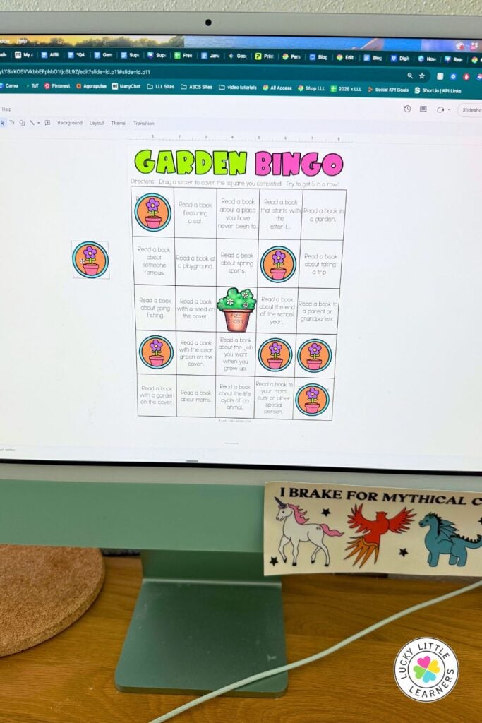 Image showing a Garden-themed reading homework BINGO board displayed on a desktop computer, with reading tasks organized in a BINGO grid.