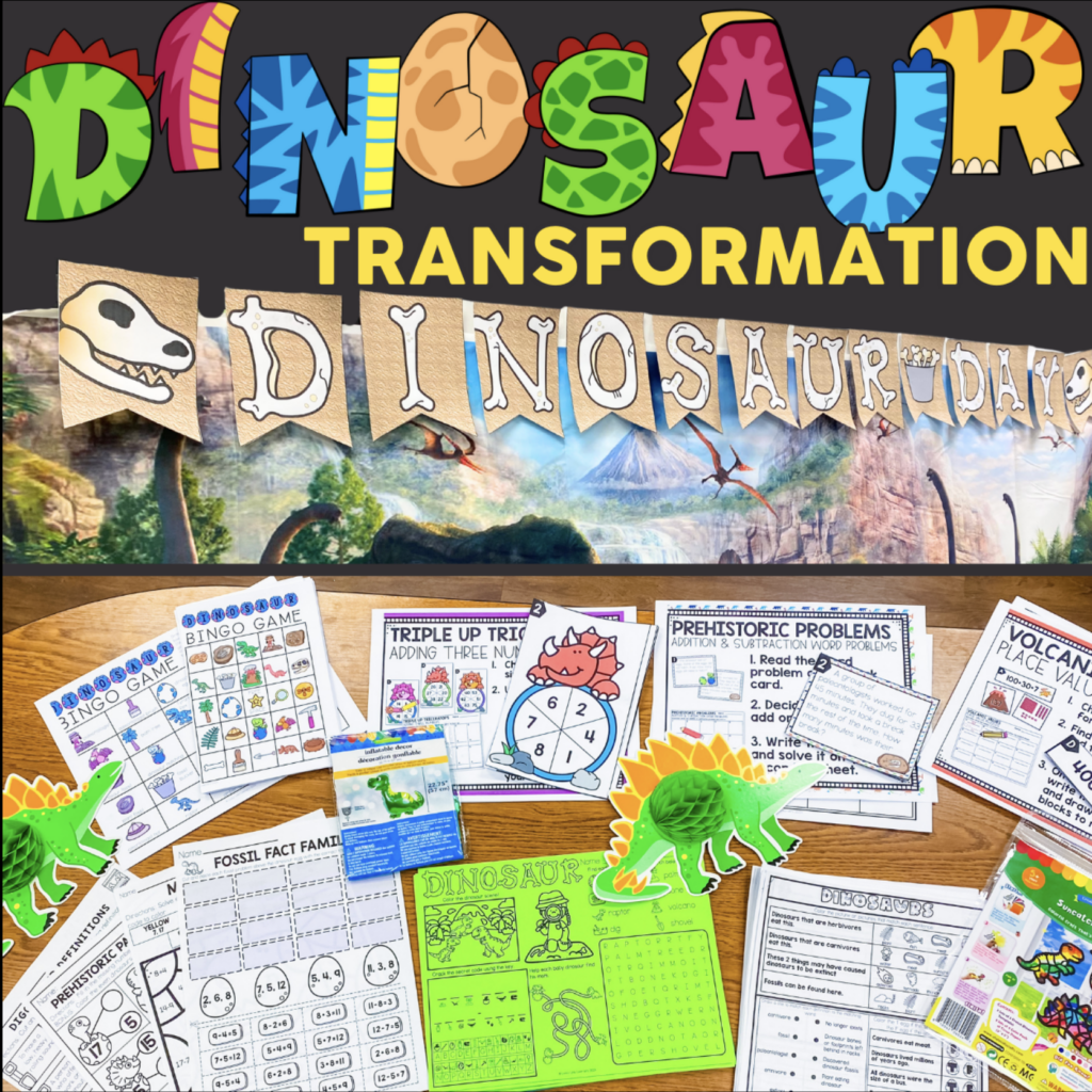 Dinosaur day for first and second grade classroom setup with math, literacy, and hands-on activity centers