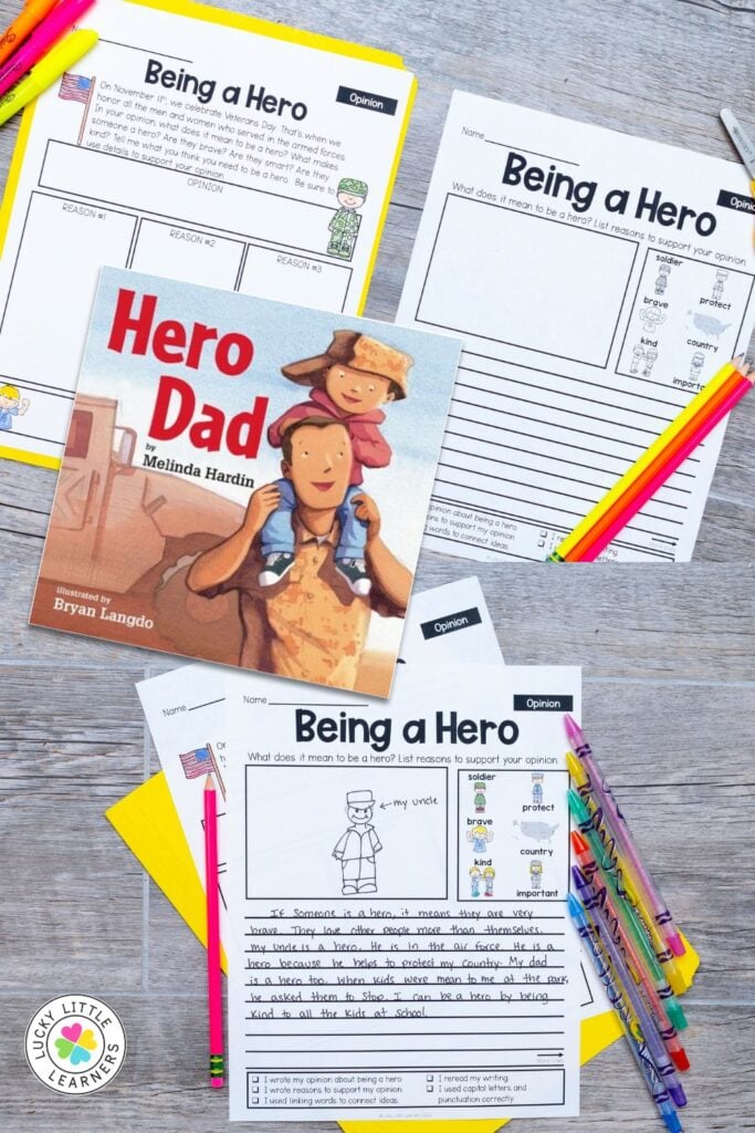 Holiday read alouds Veterans Day activity with opinion writing worksheets and hero-themed read aloud book