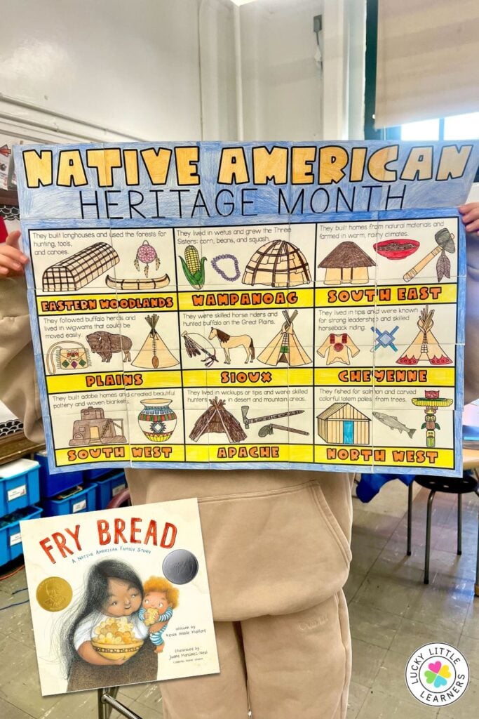 Holiday read alouds Native American Heritage Month lesson with student poster and cultural read aloud book