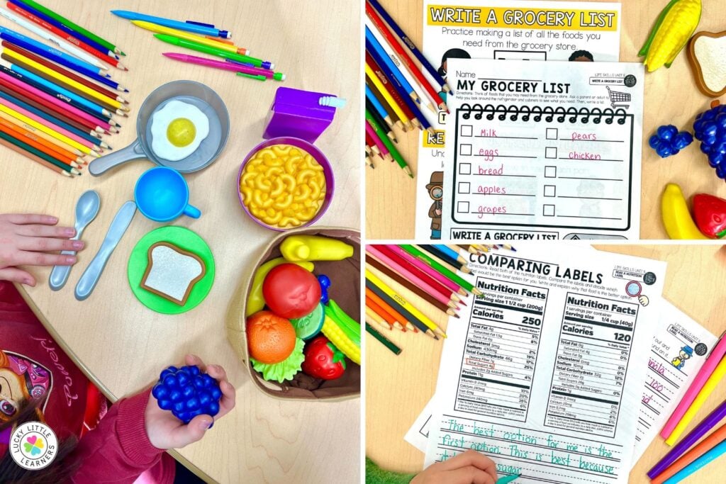 Play kitchen K-2 classroom center materials including pretend food, recipe cards, and nutrition label worksheets