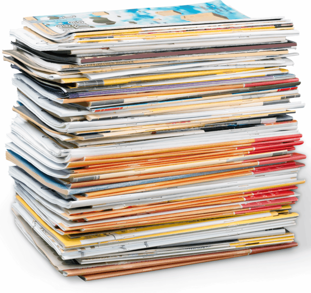 Stack of magazines used for nonfiction text feature scavenger hunt and cut-and-paste classroom activities.