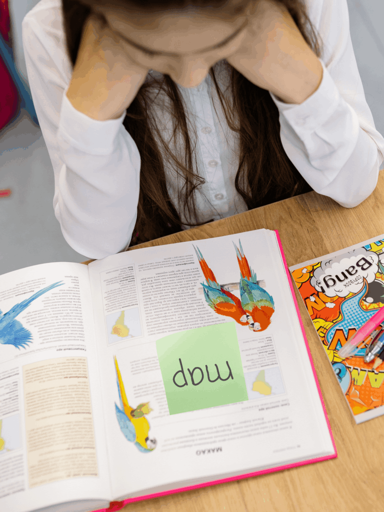 Student reading a nonfiction book with a sticky note covering a map text feature during a text feature cover-up activity.