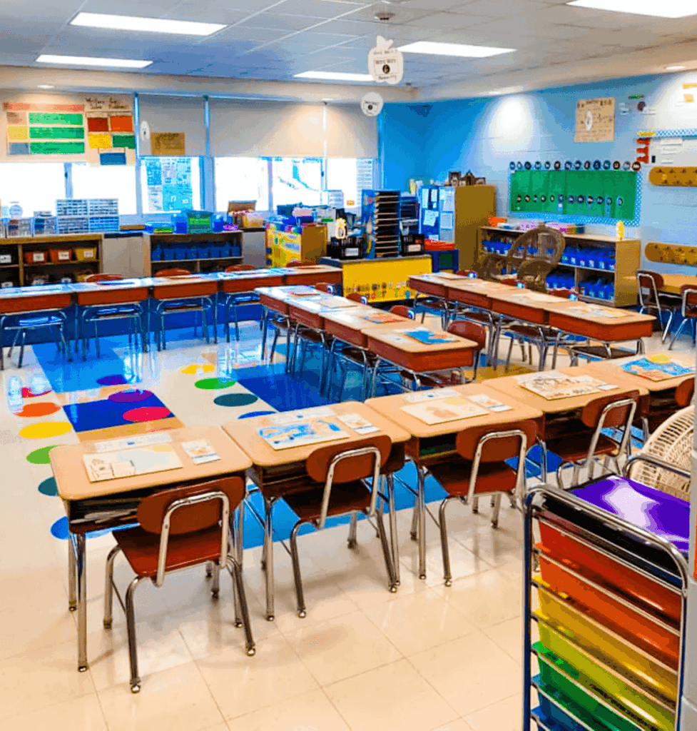 Image showing a well-organized elementary classroom with grouped desks, colorful seating areas, and learning stations designed to inspire a new K-2 teacher.